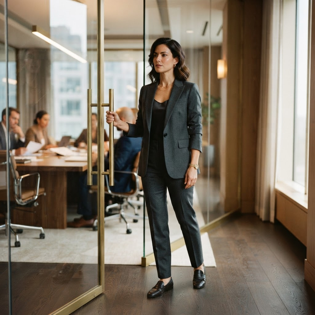 A professional pausing at a glass conference room door before walking in